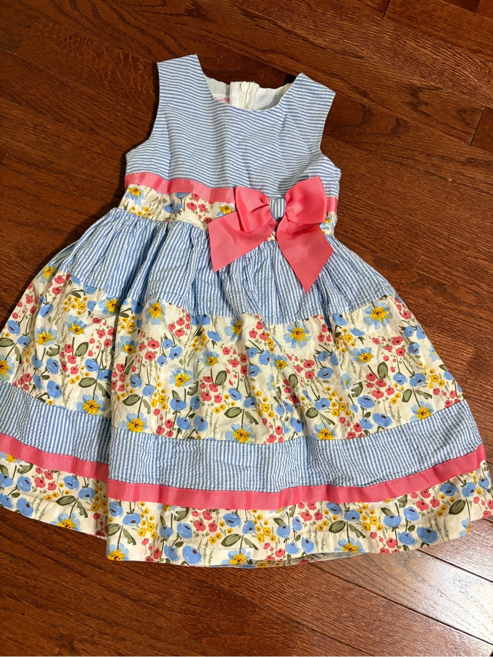 Blue Striped Floral Kids Dress with Pink Bow